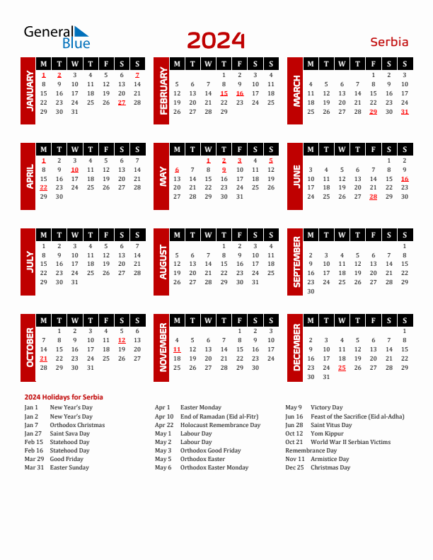 Download Serbia 2024 Calendar - Monday Start