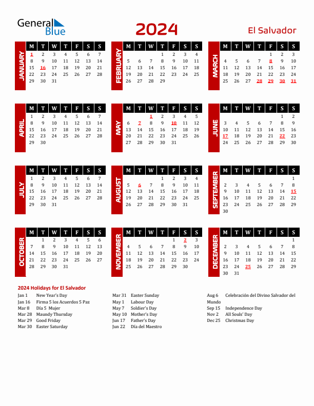Download El Salvador 2024 Calendar - Monday Start