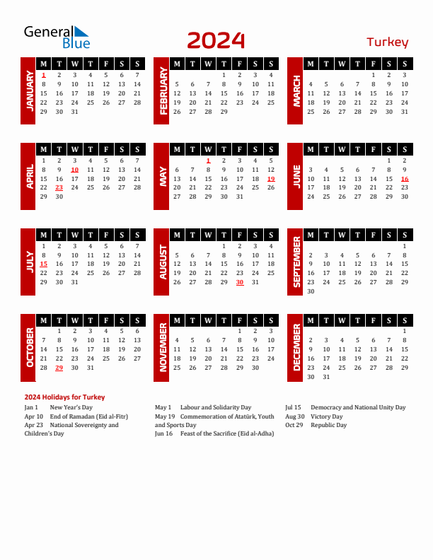 Download Turkey 2024 Calendar - Monday Start