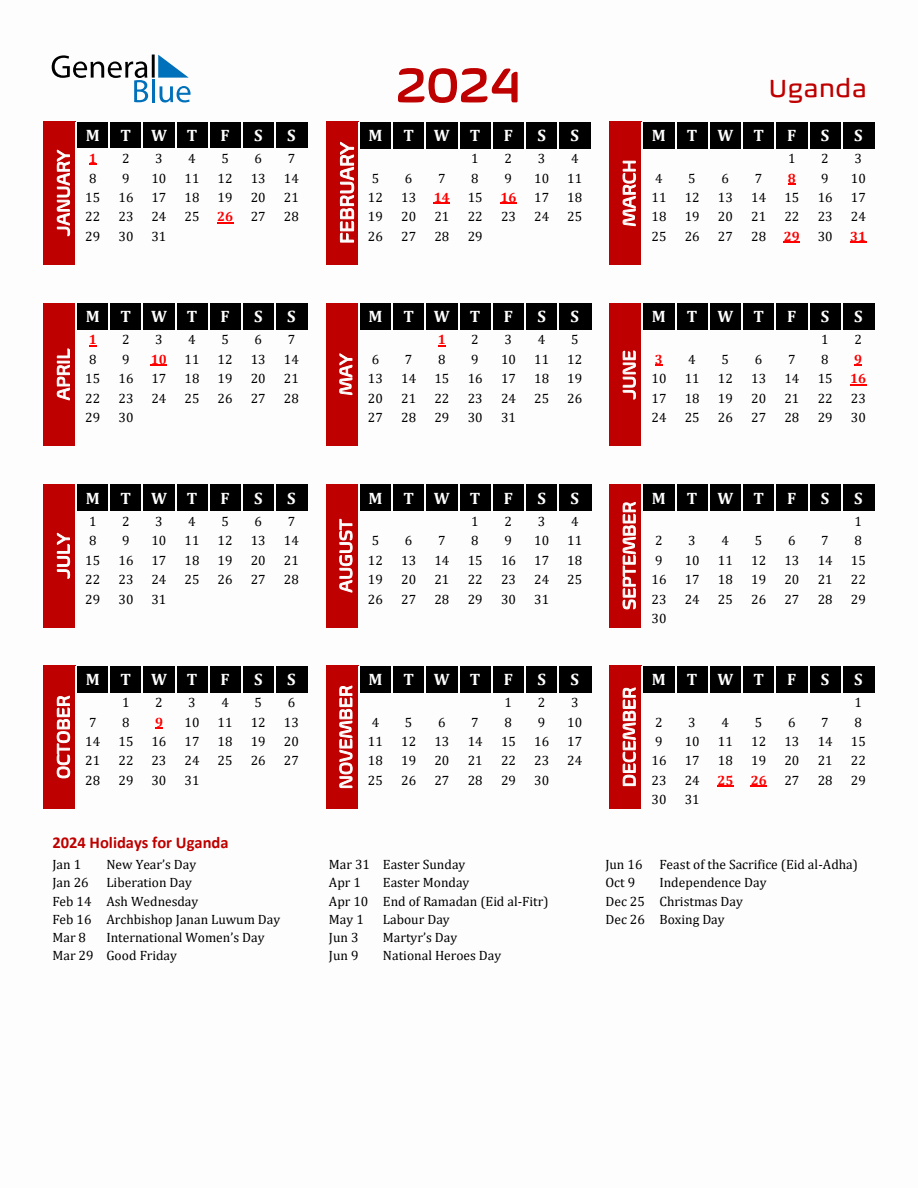 Uganda 2024 Yearly Calendar Downloadable