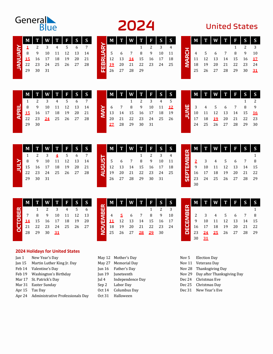 United States 2024 Yearly Calendar Downloadable