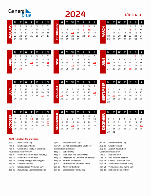 Download Vietnam 2024 Calendar - Monday Start