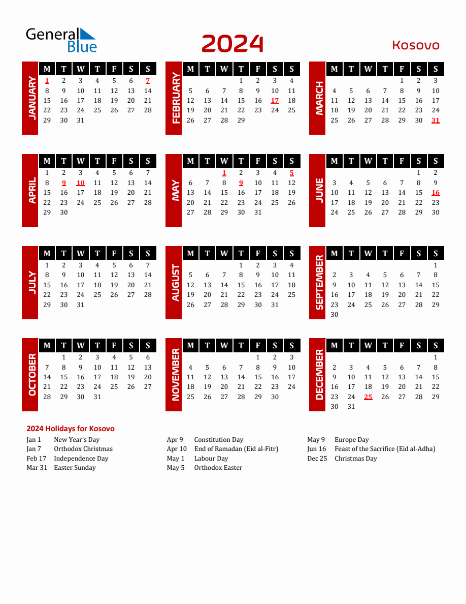 Kosovo 2024 Yearly Calendar Downloadable