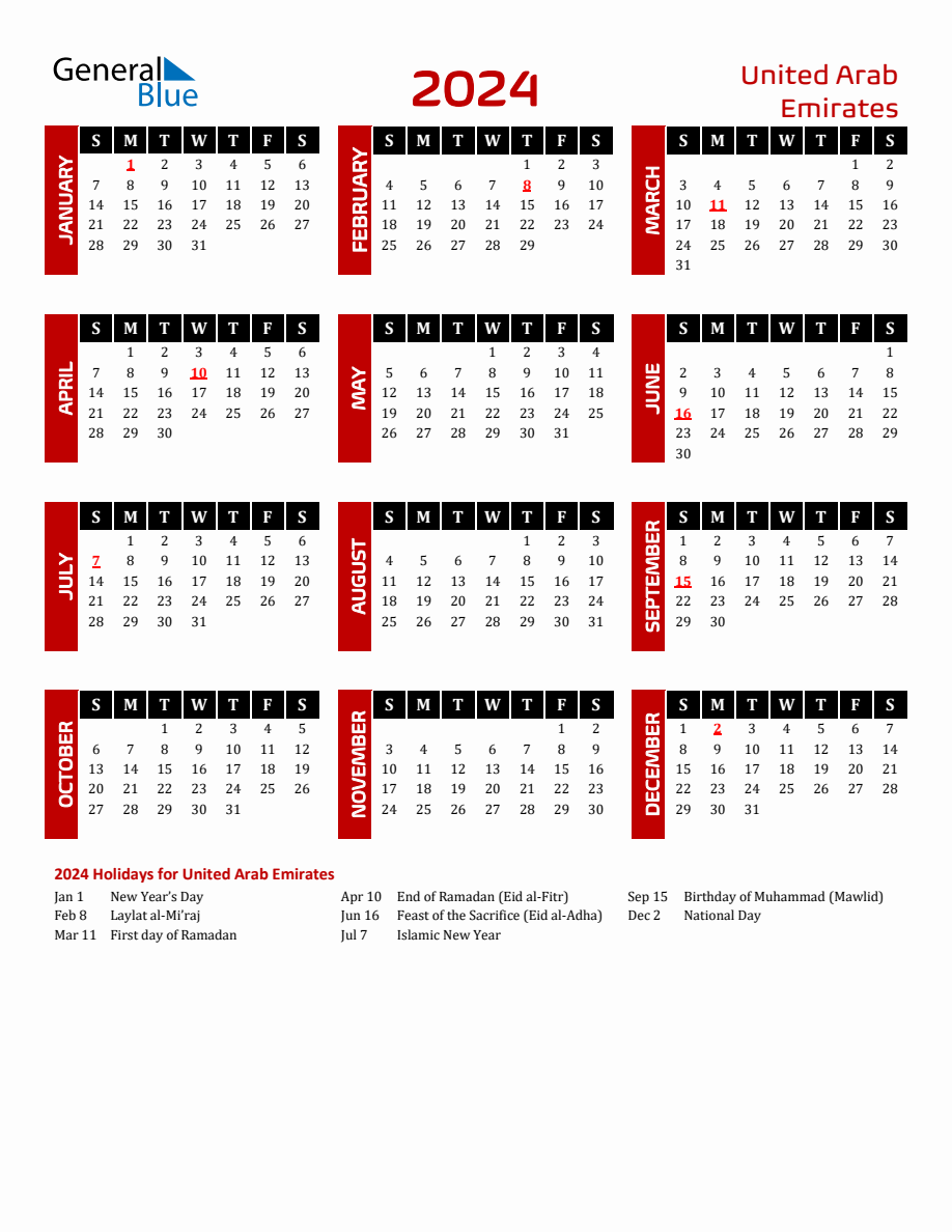 United Arab Emirates 2024 Yearly Calendar Downloadable