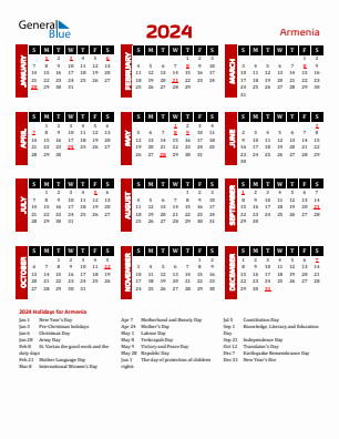 Armenia current year calendar 2024 with holidays