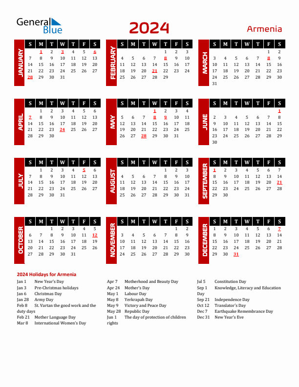 Download Armenia 2024 Calendar - Sunday Start