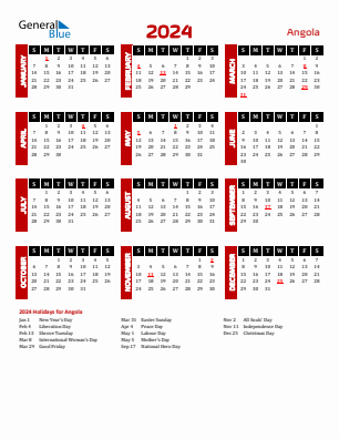 Angola current year calendar 2024 with holidays