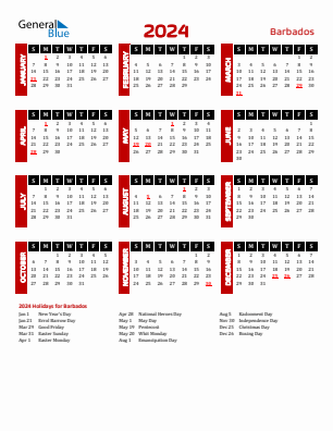 Barbados current year calendar 2024 with holidays