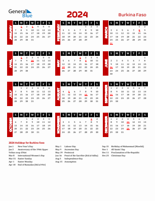 Burkina Faso current year calendar 2024 with holidays