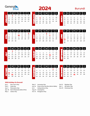 Burundi current year calendar 2024 with holidays