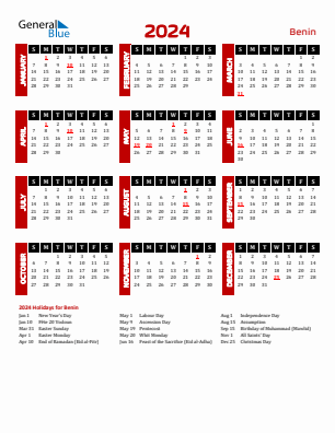 Benin current year calendar 2024 with holidays