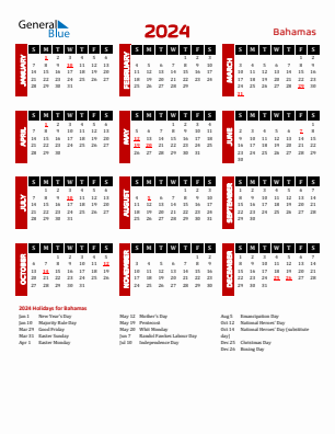 Bahamas current year calendar 2024 with holidays