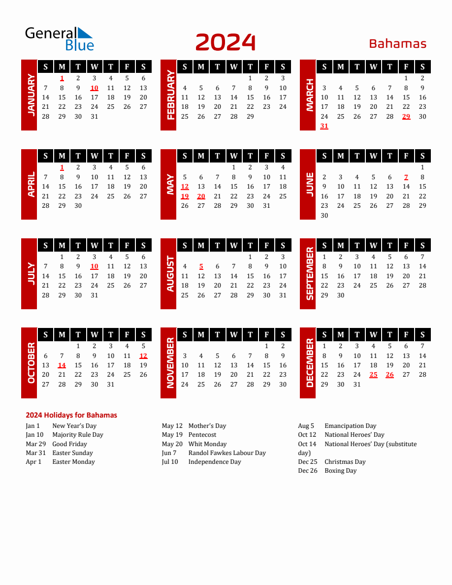 Bahamas 2024 Yearly Calendar Downloadable