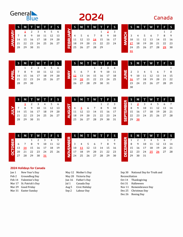 Download Canada 2024 Calendar - Sunday Start