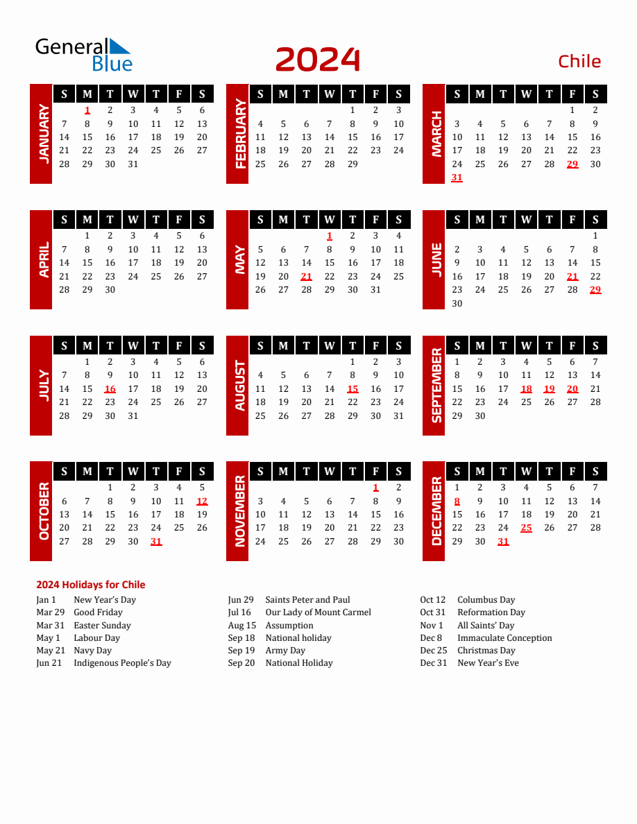 Chile 2024 Yearly Calendar Downloadable