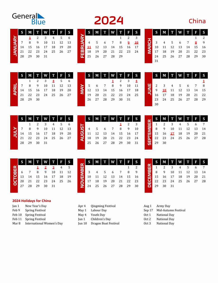 China 2024 Yearly Calendar Downloadable