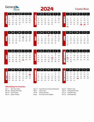 Costa Rica current year calendar 2024 with holidays