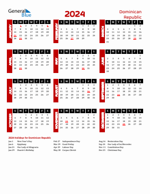 Dominican Republic current year calendar 2024 with holidays