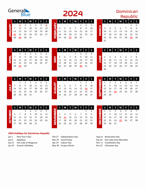 Dominican Republic 2024 Yearly Calendar Downloadable