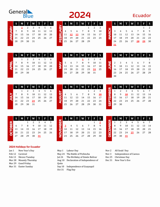 Download Ecuador 2024 Calendar - Sunday Start