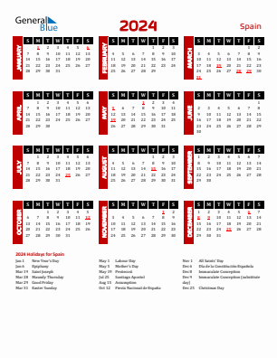 Spain current year calendar 2024 with holidays