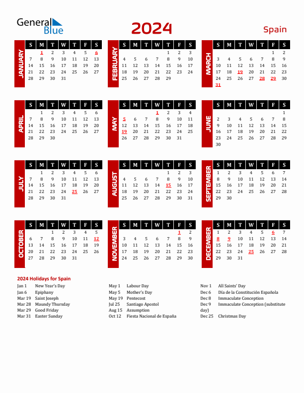 2024 Calendar Black Red With Holidays Portrait Sunday Start En Es 612x792 