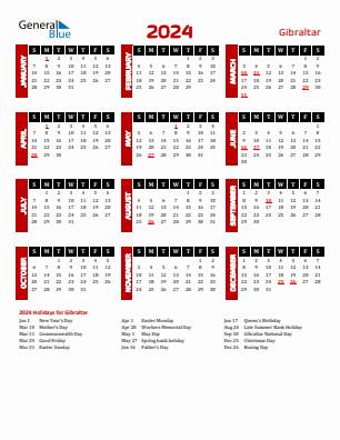 Gibraltar current year calendar 2024 with holidays