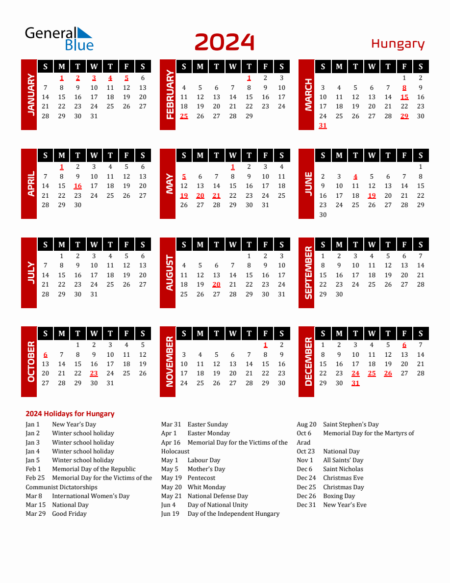 Hungary 2024 Yearly Calendar Downloadable   2024 Calendar Black Red With Holidays Portrait Sunday Start En Hu 918x1188 