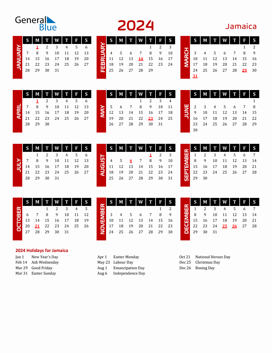 Jamaica 2024 Yearly Calendar Downloadable