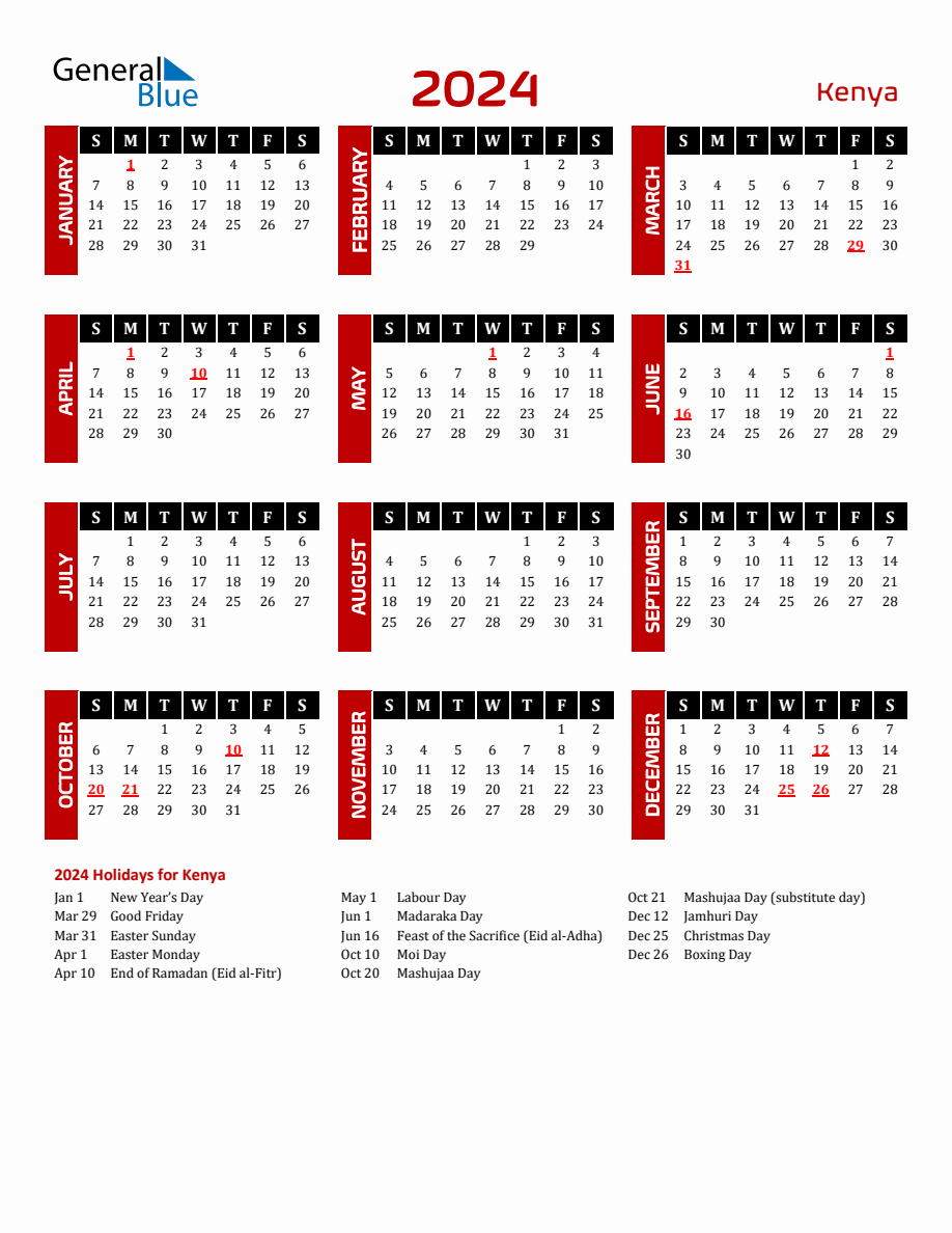 Kenya 2024 Yearly Calendar Downloadable