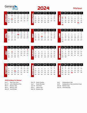 Malawi current year calendar 2024 with holidays