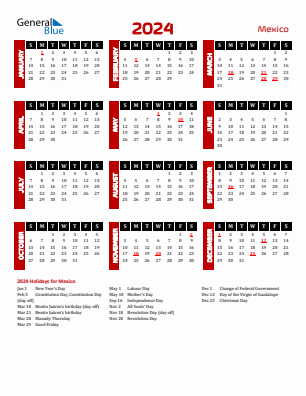 Mexico current year calendar 2024 with holidays