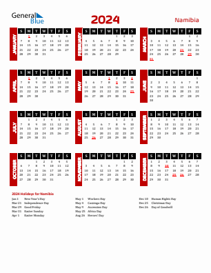 Namibia current year calendar 2024 with holidays
