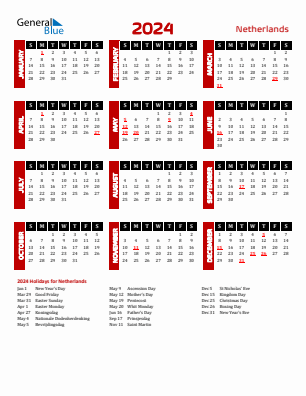 The Netherlands current year calendar 2024 with holidays