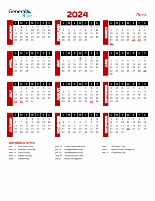 Peru current year calendar 2024 with holidays
