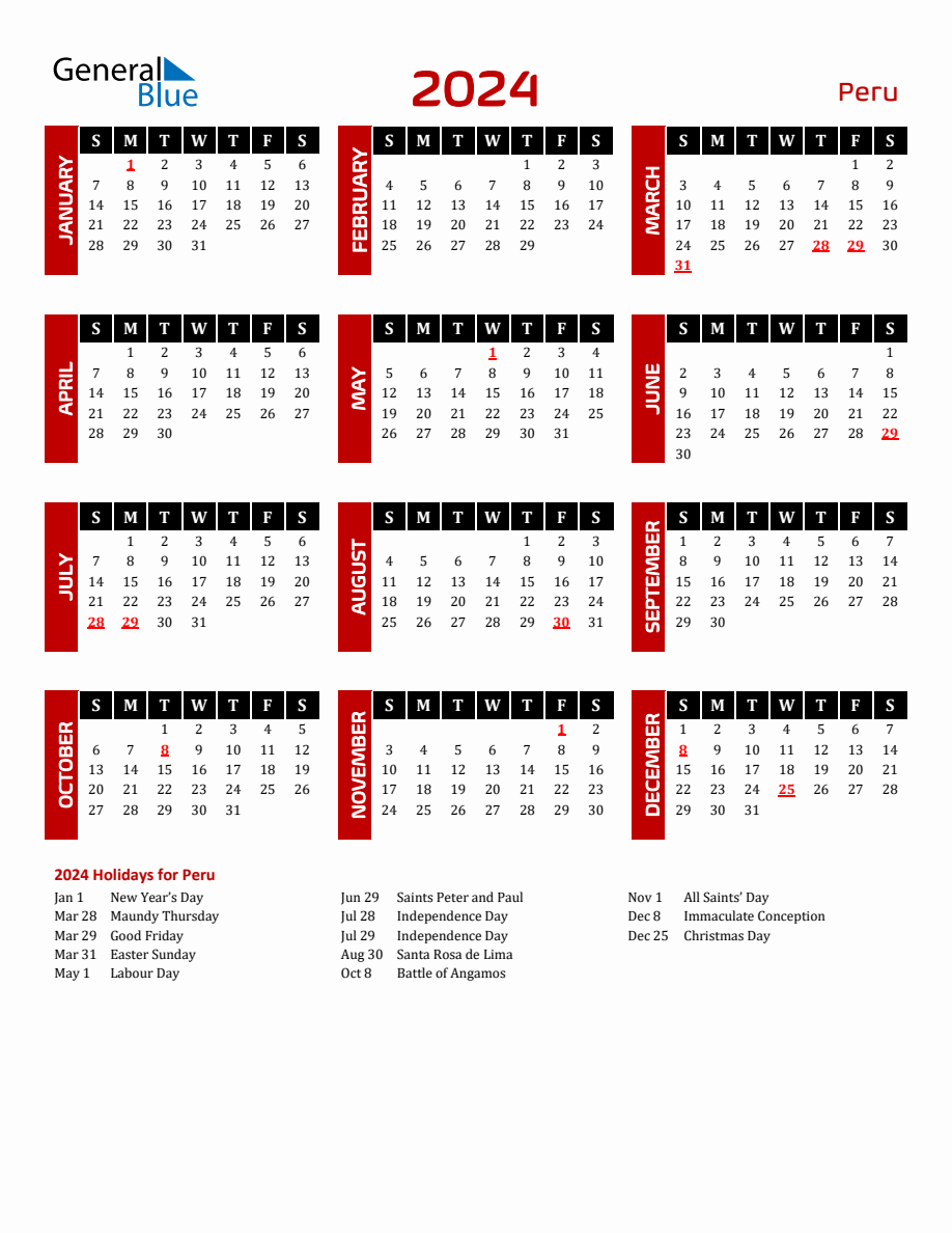 Peru 2024 Yearly Calendar Downloadable   2024 Calendar Black Red With Holidays Portrait Sunday Start En Pe 918x1188 