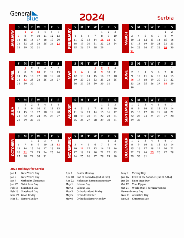 Serbia 2024 Yearly Calendar Downloadable