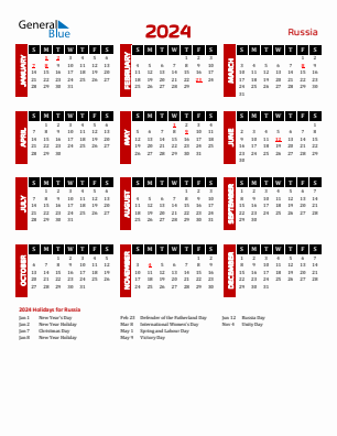 Russia current year calendar 2024 with holidays