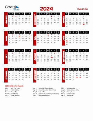 Rwanda current year calendar 2024 with holidays