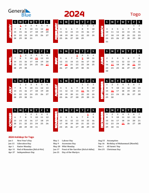 Togo current year calendar 2024 with holidays
