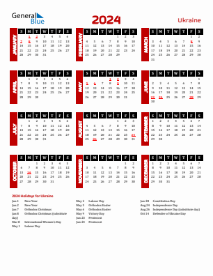 Ukraine current year calendar 2024 with holidays