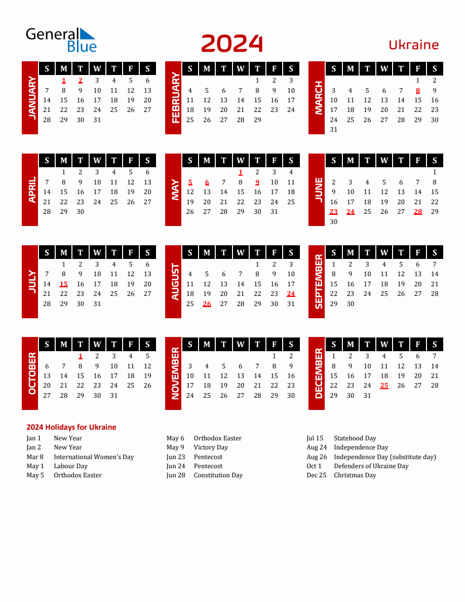 Ukraine 2024 Yearly Calendar Downloadable
