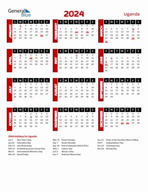 Uganda current year calendar 2024 with holidays