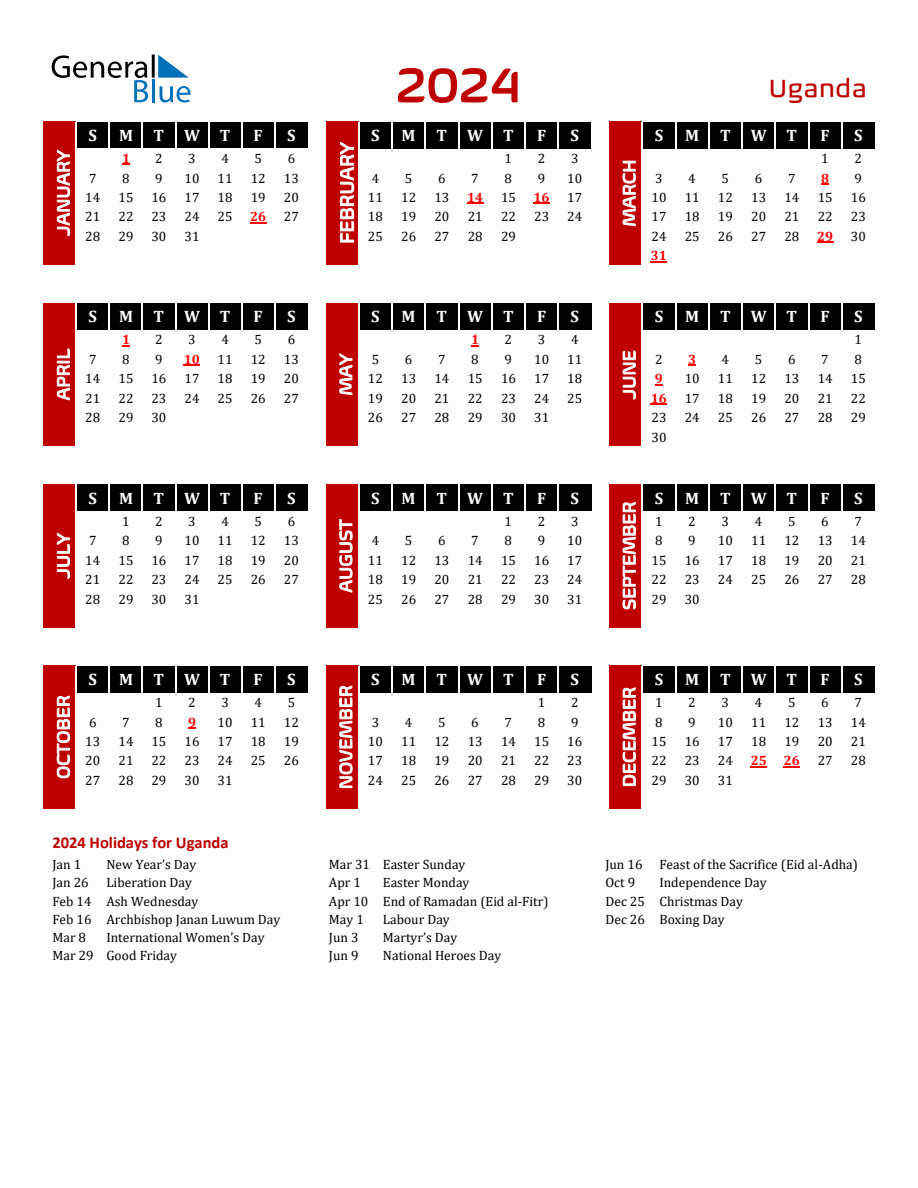 Uganda 2024 Yearly Calendar Downloadable