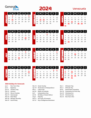 Venezuela current year calendar 2024 with holidays