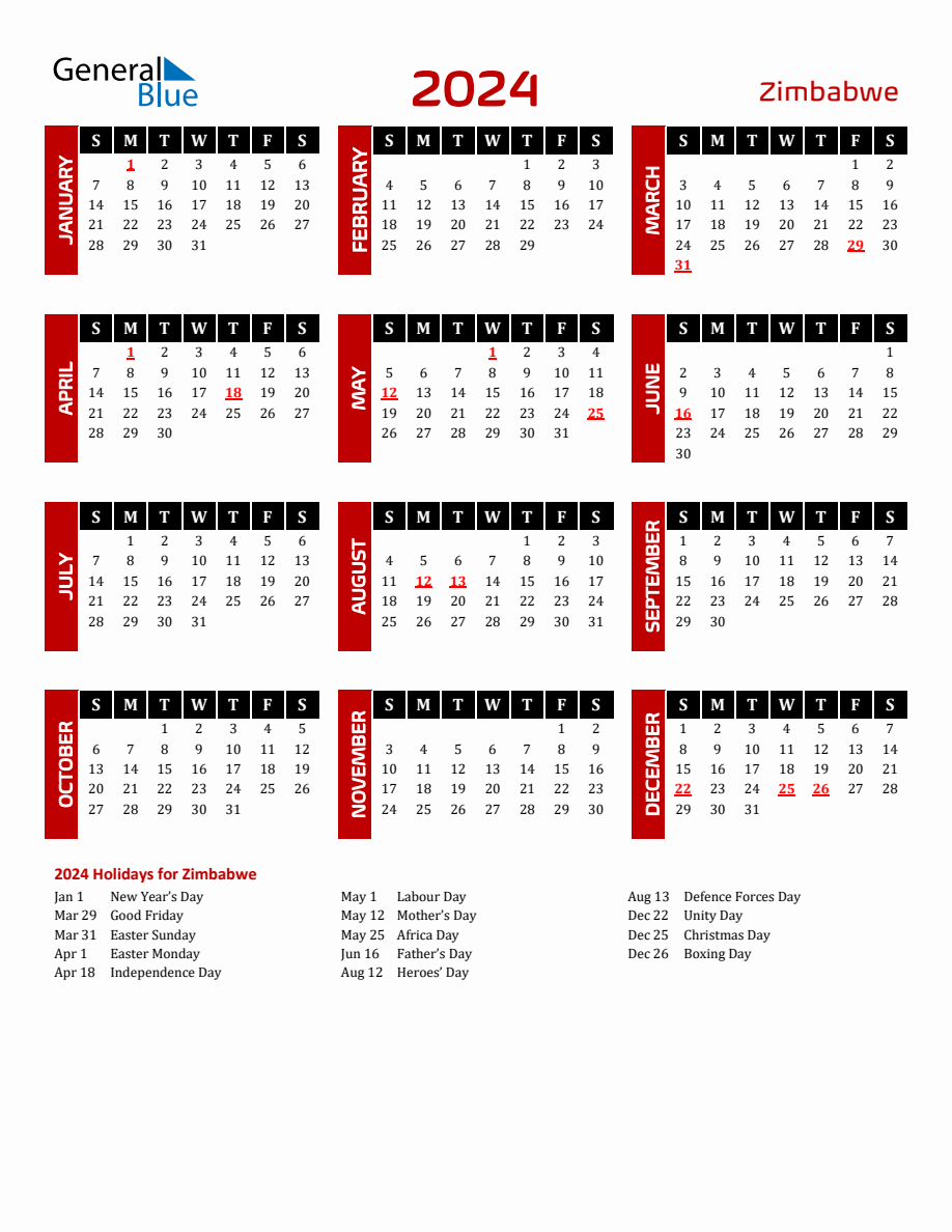 Zimbabwe 2024 Yearly Calendar Downloadable