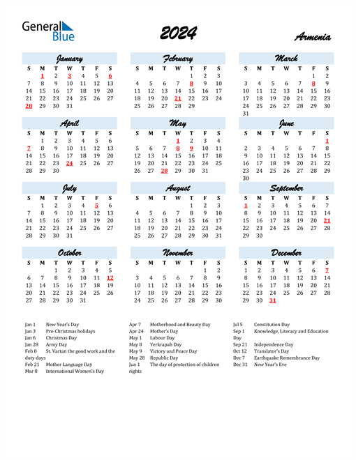 2024 Calendar for Armenia with Holidays