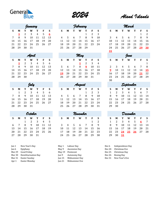 2024 Calendar for Aland Islands with Holidays