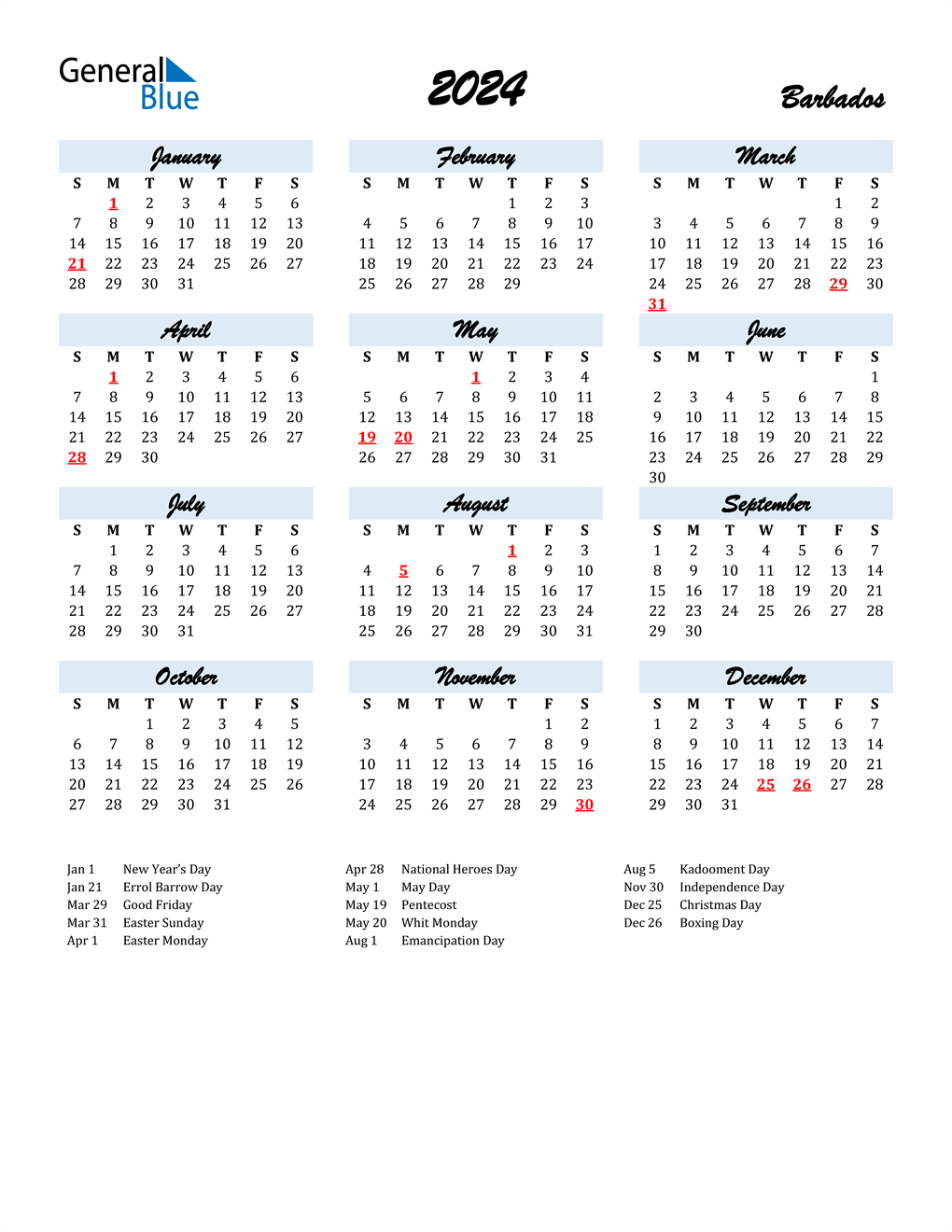 2024 Calendar Printable Barbados 2024 CALENDAR PRINTABLE