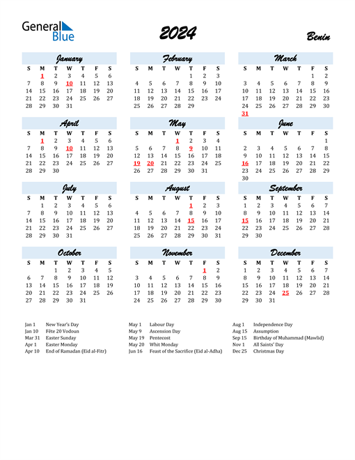 2024 Calendar for Benin with Holidays